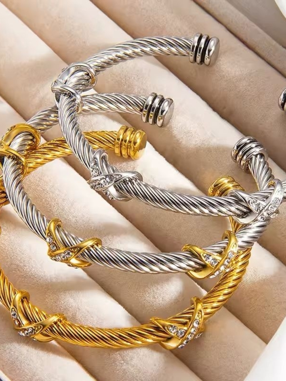 Silver-Tone Twisted Cable Cuff with Crystal Knot Details - Picture 2 of 3